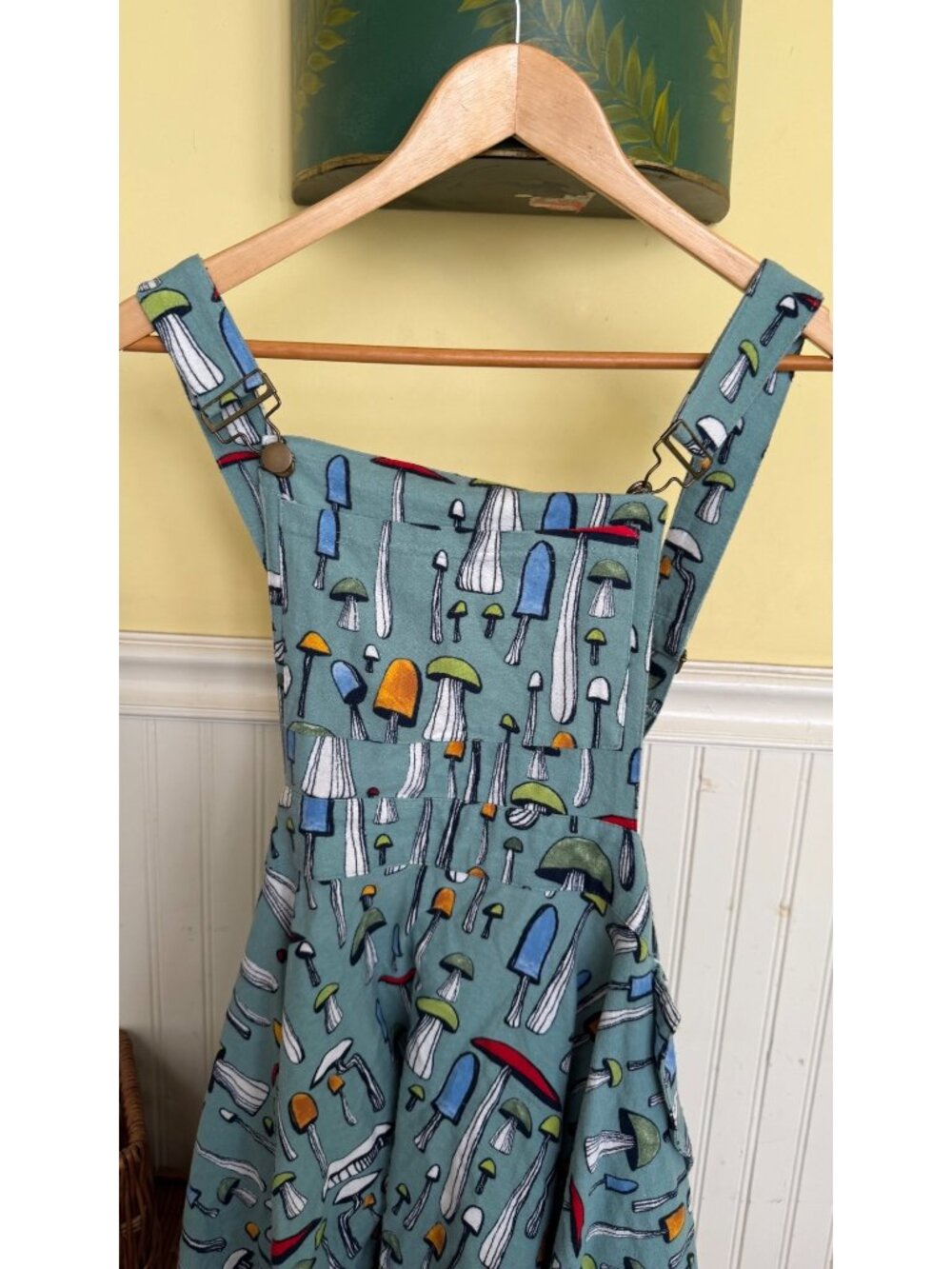 Unique Vintage Mushroom Print Jumper Dress 2X Adjustable Straps Pockets Blue Mul - Picture 5 of 7
